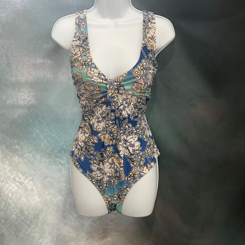 Jaclyn Smith Womens Blue Floral V-Neck One Piece Swimsuit Size 16 T-Strap Back